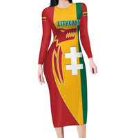 Lithuania Red Family Matching Long Sleeve Bodycon Dress and Hawaiian Shirt with Bold Vytis Cross Design and Tricolor Flag Accents - Wonder Print Shop