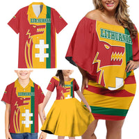 Lithuania Red Family Matching Off Shoulder Short Dress and Hawaiian Shirt with Bold Vytis Cross Design and Tricolor Flag Accents - Wonder Print Shop
