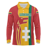 Lithuania Red Long Sleeve Polo Shirt with Bold Vytis Cross Design and Tricolor Flag Accents - Wonder Print Shop