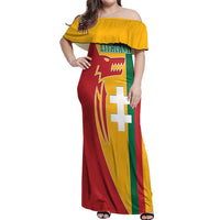 Lithuania Red Off Shoulder Maxi Dress with Bold Vytis Cross Design and Tricolor Flag Accents - Wonder Print Shop