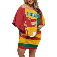 Lithuania Red Off Shoulder Short Dress with Bold Vytis Cross Design and Tricolor Flag Accents - Wonder Print Shop