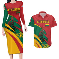 Lithuania Red and Green Couples Matching Long Sleeve Bodycon Dress and Hawaiian Shirt with Knight and Dragon Claw Graphic and National Flag - Wonder Print Shop