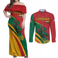 Lithuania Red and Green Couples Matching Off Shoulder Maxi Dress and Long Sleeve Button Shirt with Knight and Dragon Claw Graphic and National Flag - Wonder Print Shop