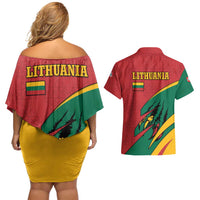 Lithuania Red and Green Couples Matching Off Shoulder Short Dress and Hawaiian Shirt with Knight and Dragon Claw Graphic and National Flag - Wonder Print Shop