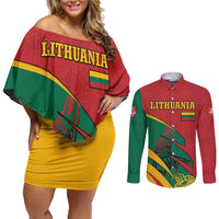 Lithuania Red and Green Couples Matching Off Shoulder Short Dress and Long Sleeve Button Shirt with Knight and Dragon Claw Graphic and National Flag - Wonder Print Shop