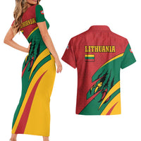 Lithuania Red and Green Couples Matching Short Sleeve Bodycon Dress and Hawaiian Shirt with Knight and Dragon Claw Graphic and National Flag - Wonder Print Shop