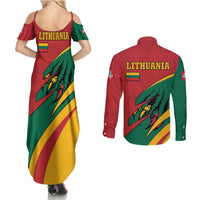 Lithuania Red and Green Couples Matching Summer Maxi Dress and Long Sleeve Button Shirt with Knight and Dragon Claw Graphic and National Flag - Wonder Print Shop