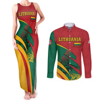 Lithuania Red and Green Couples Matching Tank Maxi Dress and Long Sleeve Button Shirt with Knight and Dragon Claw Graphic and National Flag - Wonder Print Shop