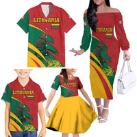 Lithuania Red and Green Family Matching Off The Shoulder Long Sleeve Dress and Hawaiian Shirt with Knight and Dragon Claw Graphic and National Flag - Wonder Print Shop