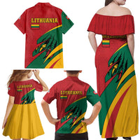 Lithuania Red and Green Family Matching Off Shoulder Maxi Dress and Hawaiian Shirt with Knight and Dragon Claw Graphic and National Flag - Wonder Print Shop