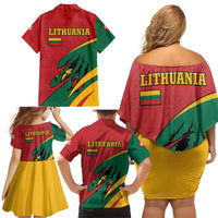 Lithuania Red and Green Family Matching Off Shoulder Short Dress and Hawaiian Shirt with Knight and Dragon Claw Graphic and National Flag - Wonder Print Shop
