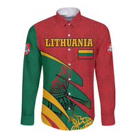 Lithuania Red and Green Long Sleeve Button Shirt with Knight and Dragon Claw Graphic and National Flag - Wonder Print Shop