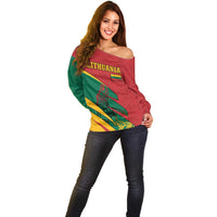 Lithuania Red and Green Off Shoulder Sweater with Knight and Dragon Claw Graphic and National Flag - Wonder Print Shop