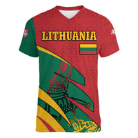 Lithuania Red and Green Women V-Neck T-Shirt with Knight and Dragon Claw Graphic and National Flag - Wonder Print Shop