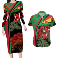 Saint Kitts and Nevis Couples Matching Long Sleeve Bodycon Dress and Hawaiian Shirt with Flag Colors and Tropical Island Design - Wonder Print Shop