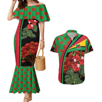 Saint Kitts and Nevis Couples Matching Mermaid Dress and Hawaiian Shirt with Flag Colors and Tropical Island Design - Wonder Print Shop