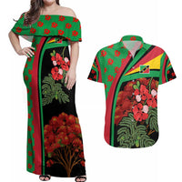 Saint Kitts and Nevis Couples Matching Off Shoulder Maxi Dress and Hawaiian Shirt with Flag Colors and Tropical Island Design - Wonder Print Shop