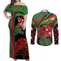 Saint Kitts and Nevis Couples Matching Off Shoulder Maxi Dress and Long Sleeve Button Shirt with Flag Colors and Tropical Island Design - Wonder Print Shop