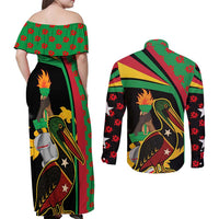Saint Kitts and Nevis Couples Matching Off Shoulder Maxi Dress and Long Sleeve Button Shirt with Flag Colors and Tropical Island Design - Wonder Print Shop