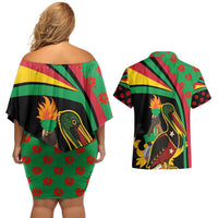 Saint Kitts and Nevis Couples Matching Off Shoulder Short Dress and Hawaiian Shirt with Flag Colors and Tropical Island Design - Wonder Print Shop