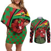 Saint Kitts and Nevis Couples Matching Off Shoulder Short Dress and Long Sleeve Button Shirt with Flag Colors and Tropical Island Design - Wonder Print Shop