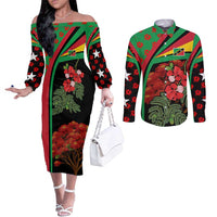 Saint Kitts and Nevis Couples Matching Off The Shoulder Long Sleeve Dress and Long Sleeve Button Shirt with Flag Colors and Tropical Island Design - Wonder Print Shop