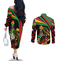 Saint Kitts and Nevis Couples Matching Off The Shoulder Long Sleeve Dress and Long Sleeve Button Shirt with Flag Colors and Tropical Island Design - Wonder Print Shop
