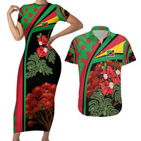 Saint Kitts and Nevis Couples Matching Short Sleeve Bodycon Dress and Hawaiian Shirt with Flag Colors and Tropical Island Design - Wonder Print Shop