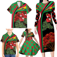 Saint Kitts and Nevis Family Matching Long Sleeve Bodycon Dress and Hawaiian Shirt with Flag Colors and Tropical Island Design - Wonder Print Shop