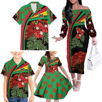 Saint Kitts and Nevis Family Matching Off The Shoulder Long Sleeve Dress and Hawaiian Shirt with Flag Colors and Tropical Island Design - Wonder Print Shop