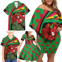 Saint Kitts and Nevis Family Matching Off Shoulder Short Dress and Hawaiian Shirt with Flag Colors and Tropical Island Design - Wonder Print Shop
