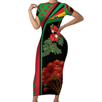 Saint Kitts and Nevis Family Matching Short Sleeve Bodycon Dress and Hawaiian Shirt with Flag Colors and Tropical Island Design - Wonder Print Shop