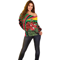 Saint Kitts and Nevis Off Shoulder Sweater with Flag Colors and Tropical Island Design - Wonder Print Shop
