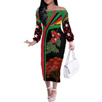 Saint Kitts and Nevis Off The Shoulder Long Sleeve Dress with Flag Colors and Tropical Island Design - Wonder Print Shop