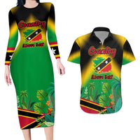 Saint Kitts and Nevis Couples Matching Long Sleeve Bodycon Dress and Hawaiian Shirt with Coat of Arms and Flag Pattern Design - Wonder Print Shop
