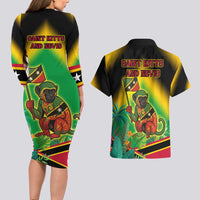 Saint Kitts and Nevis Couples Matching Long Sleeve Bodycon Dress and Hawaiian Shirt with Coat of Arms and Flag Pattern Design - Wonder Print Shop