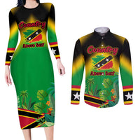 Saint Kitts and Nevis Couples Matching Long Sleeve Bodycon Dress and Long Sleeve Button Shirt with Coat of Arms and Flag Pattern Design - Wonder Print Shop