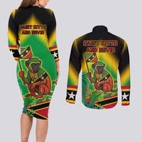 Saint Kitts and Nevis Couples Matching Long Sleeve Bodycon Dress and Long Sleeve Button Shirt with Coat of Arms and Flag Pattern Design - Wonder Print Shop