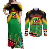 Saint Kitts and Nevis Couples Matching Off Shoulder Maxi Dress and Long Sleeve Button Shirt with Coat of Arms and Flag Pattern Design - Wonder Print Shop