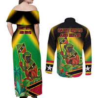 Saint Kitts and Nevis Couples Matching Off Shoulder Maxi Dress and Long Sleeve Button Shirt with Coat of Arms and Flag Pattern Design - Wonder Print Shop
