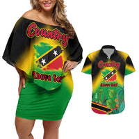 Saint Kitts and Nevis Couples Matching Off Shoulder Short Dress and Hawaiian Shirt with Coat of Arms and Flag Pattern Design - Wonder Print Shop