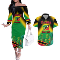 Saint Kitts and Nevis Couples Matching Off The Shoulder Long Sleeve Dress and Hawaiian Shirt with Coat of Arms and Flag Pattern Design - Wonder Print Shop