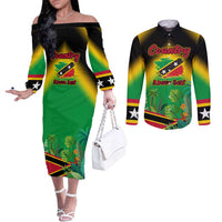 Saint Kitts and Nevis Couples Matching Off The Shoulder Long Sleeve Dress and Long Sleeve Button Shirt with Coat of Arms and Flag Pattern Design - Wonder Print Shop