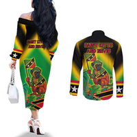 Saint Kitts and Nevis Couples Matching Off The Shoulder Long Sleeve Dress and Long Sleeve Button Shirt with Coat of Arms and Flag Pattern Design - Wonder Print Shop