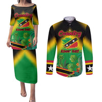 Saint Kitts and Nevis Couples Matching Puletasi and Long Sleeve Button Shirt with Coat of Arms and Flag Pattern Design - Wonder Print Shop