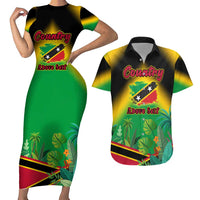 Saint Kitts and Nevis Couples Matching Short Sleeve Bodycon Dress and Hawaiian Shirt with Coat of Arms and Flag Pattern Design - Wonder Print Shop