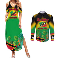 Saint Kitts and Nevis Couples Matching Summer Maxi Dress and Long Sleeve Button Shirt with Coat of Arms and Flag Pattern Design - Wonder Print Shop