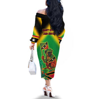 Saint Kitts and Nevis Family Matching Off The Shoulder Long Sleeve Dress and Hawaiian Shirt with Coat of Arms and Flag Pattern Design - Wonder Print Shop