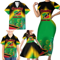Saint Kitts and Nevis Family Matching Short Sleeve Bodycon Dress and Hawaiian Shirt with Coat of Arms and Flag Pattern Design - Wonder Print Shop