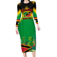 Saint Kitts and Nevis Long Sleeve Bodycon Dress with Coat of Arms and Flag Pattern Design - Wonder Print Shop